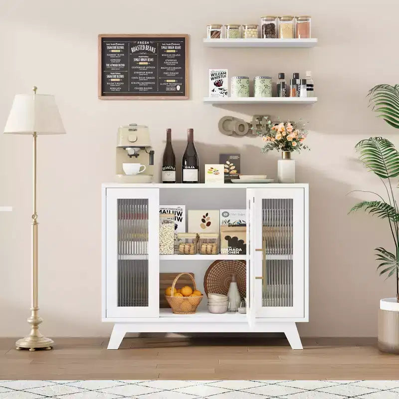 Buffet moderne de 91 cm avec portes en verre cannelé, étagères réglables, meuble décoratif pour cuisine, salon