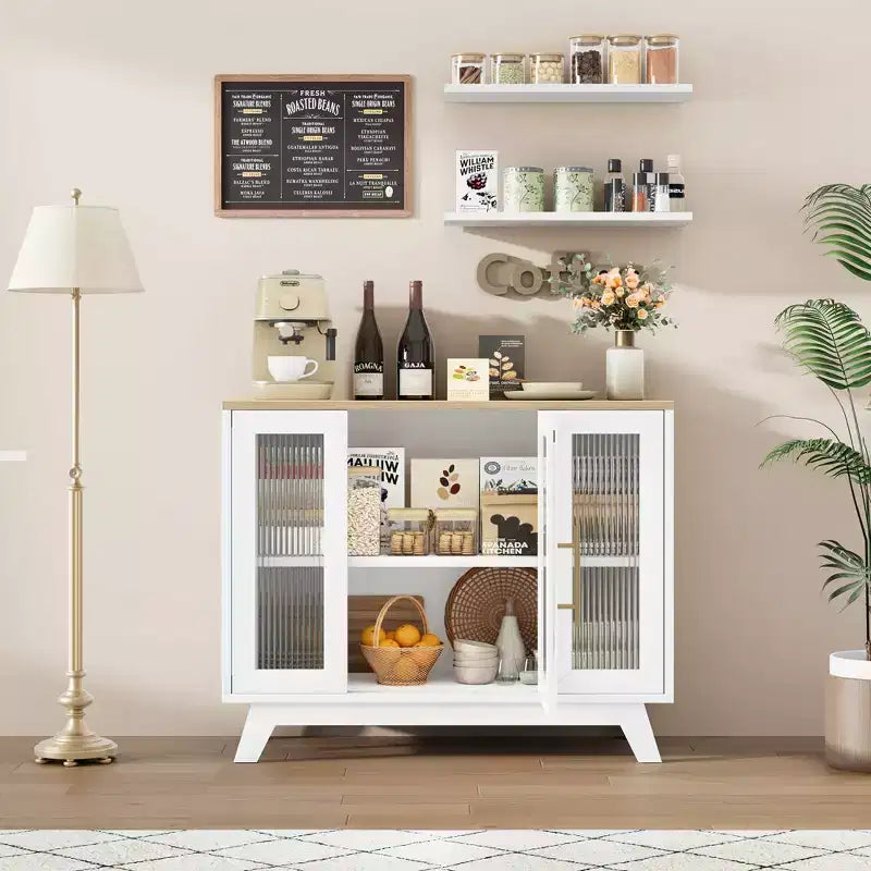 Buffet moderne de 91 cm avec portes en verre cannelé, étagères réglables, meuble décoratif pour cuisine, salon