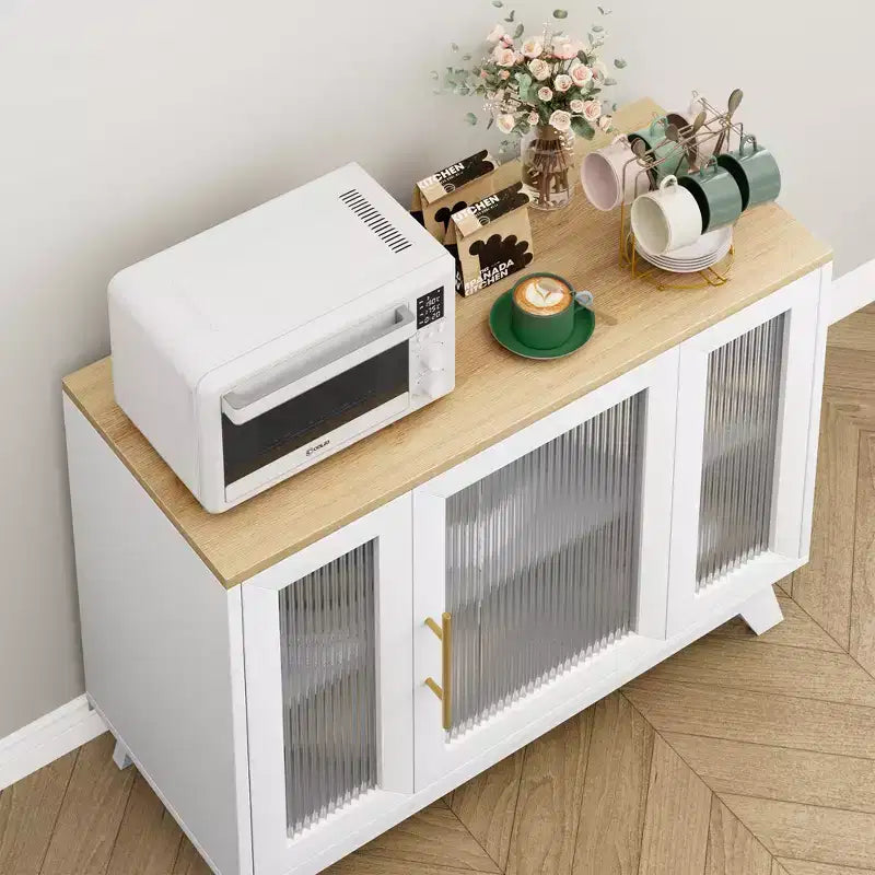 Buffet moderne de 91 cm avec portes en verre cannelé, étagères réglables, meuble décoratif pour cuisine, salon