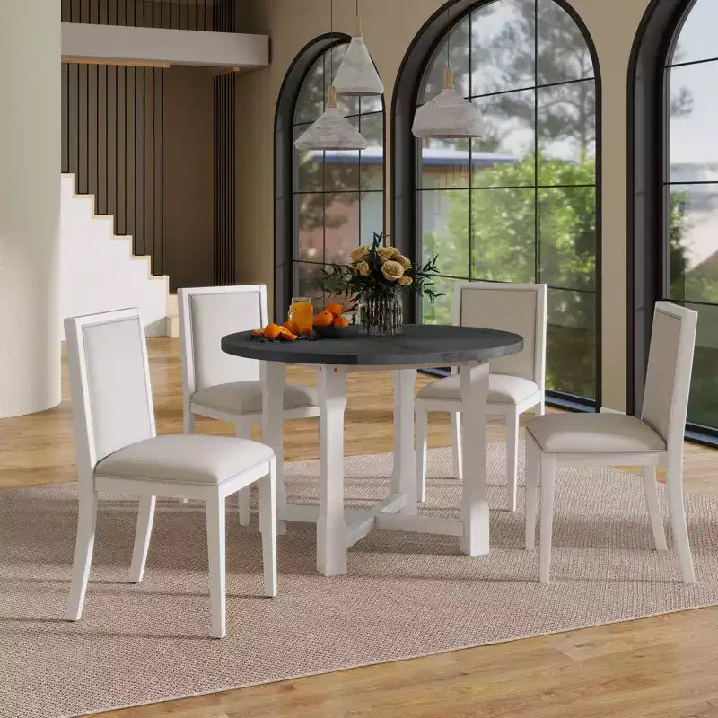 Whisen 5-Piece Extendable Dining Table Set for 4, Round Dining Table for 4 with Upholstered Chairs