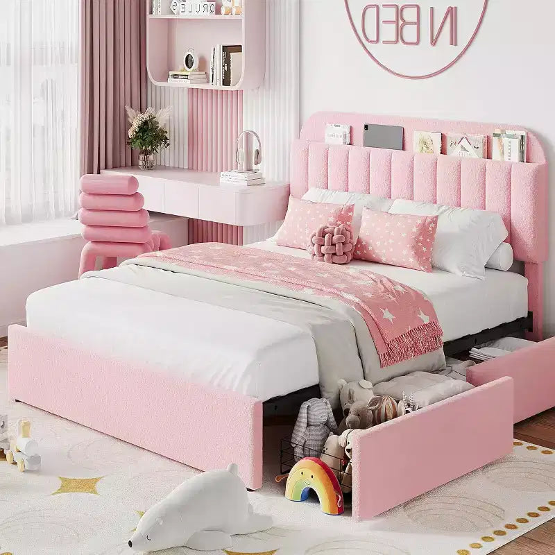 Struttura Letto Singolo con Testiera Contenitore, Letto per Bambini con 2 Cassetti, Facile da Montare, Non Richiede Rete a Molle