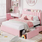 Struttura Letto Singolo con Testiera Contenitore, Letto per Bambini con 2 Cassetti, Facile da Montare, Non Richiede Rete a Molle
