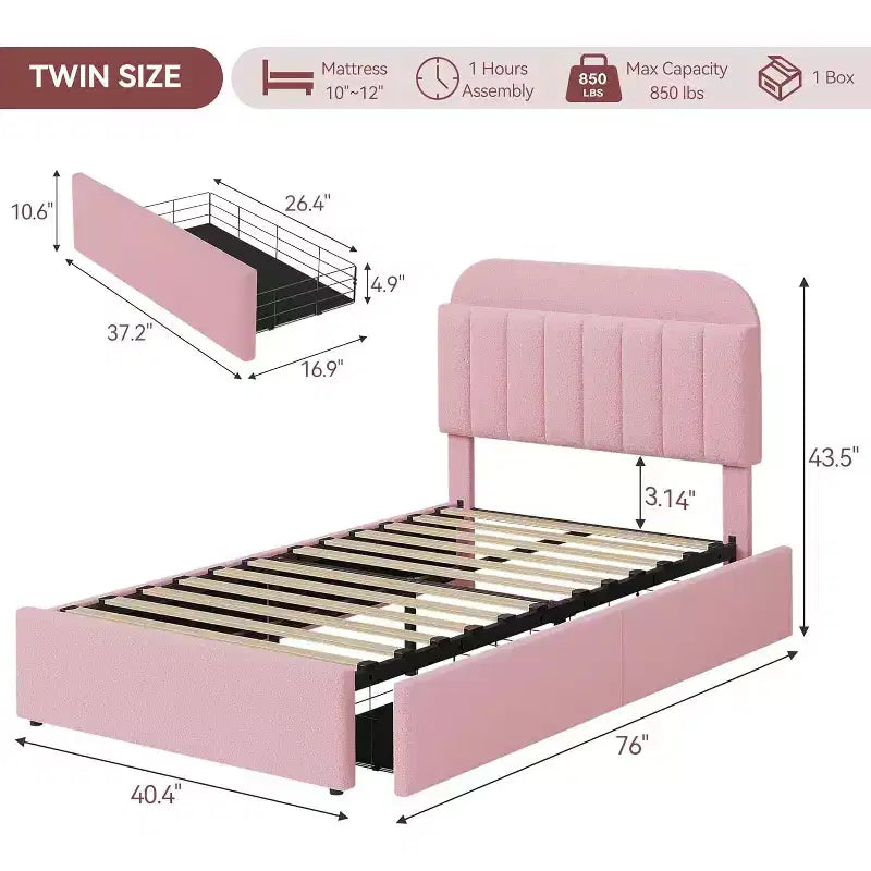 Struttura Letto Singolo con Testiera Contenitore, Letto per Bambini con 2 Cassetti, Facile da Montare, Non Richiede Rete a Molle