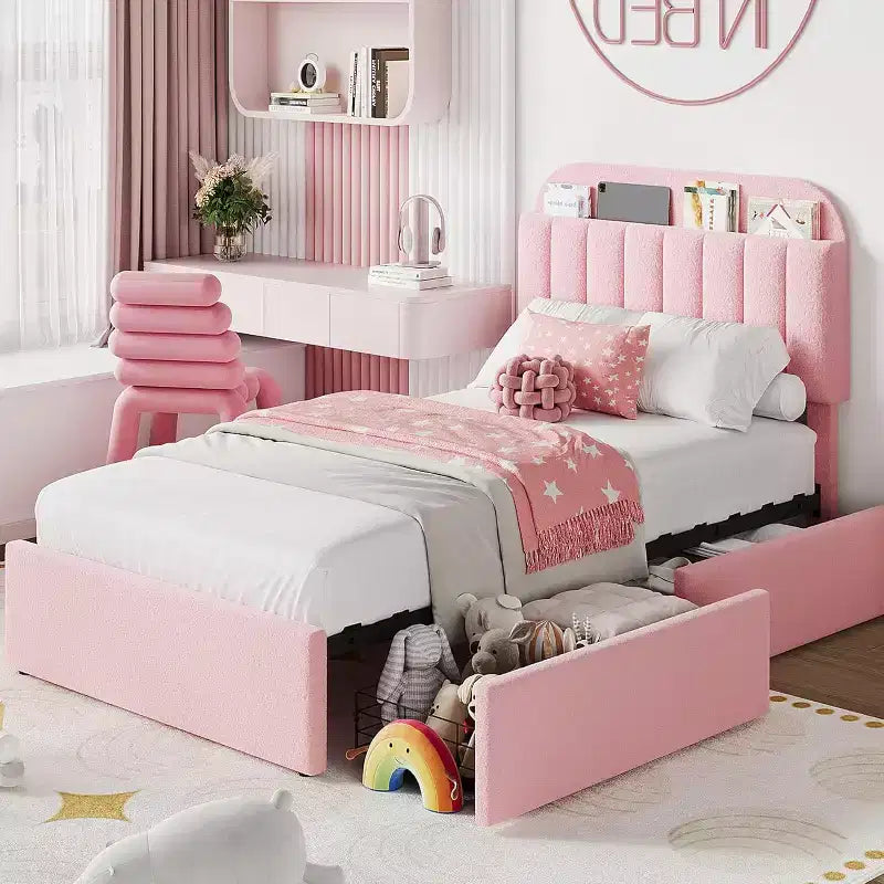 Struttura Letto Singolo con Testiera Contenitore, Letto per Bambini con 2 Cassetti, Facile da Montare, Non Richiede Rete a Molle