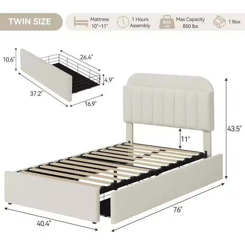 Struttura Letto Singolo con Testiera Contenitore, Letto per Bambini con 2 Cassetti, Facile da Montare, Non Richiede Rete a Molle
