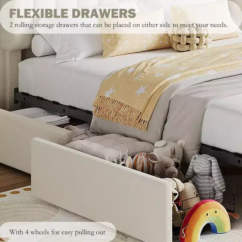 Struttura Letto Singolo con Testiera Contenitore, Letto per Bambini con 2 Cassetti, Facile da Montare, Non Richiede Rete a Molle