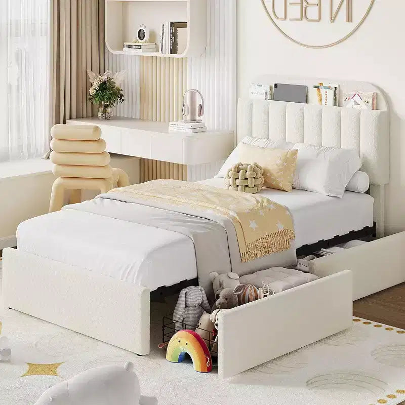 Struttura Letto Singolo con Testiera Contenitore, Letto per Bambini con 2 Cassetti, Facile da Montare, Non Richiede Rete a Molle