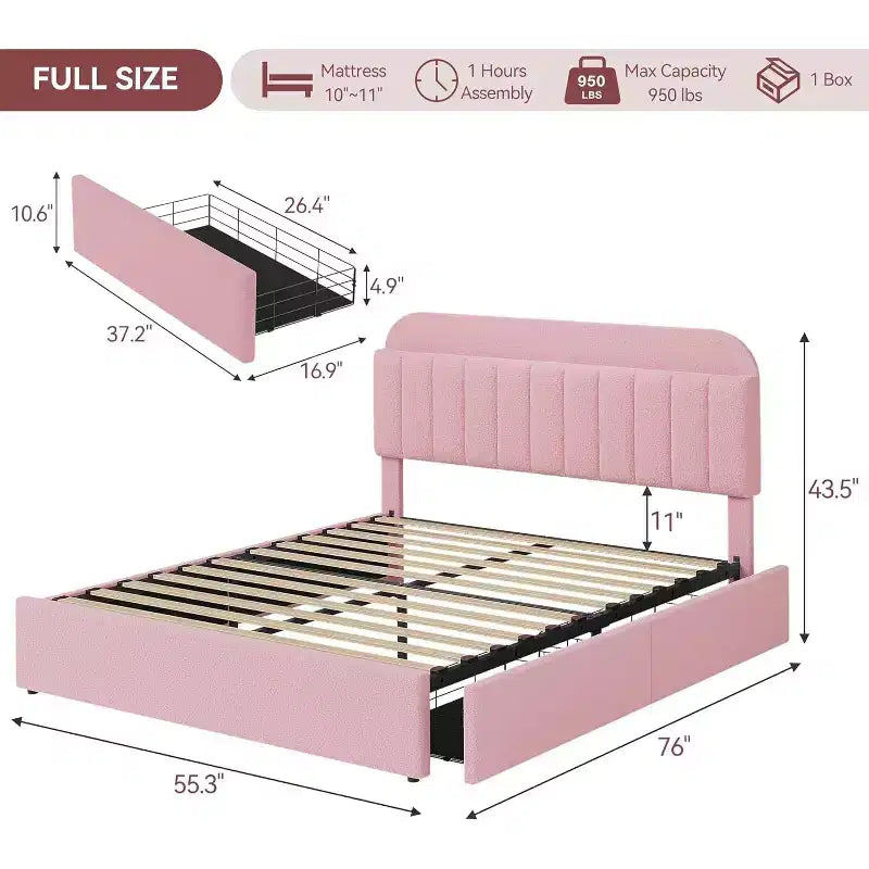 Struttura Letto Singolo con Testiera Contenitore, Letto per Bambini con 2 Cassetti, Facile da Montare, Non Richiede Rete a Molle