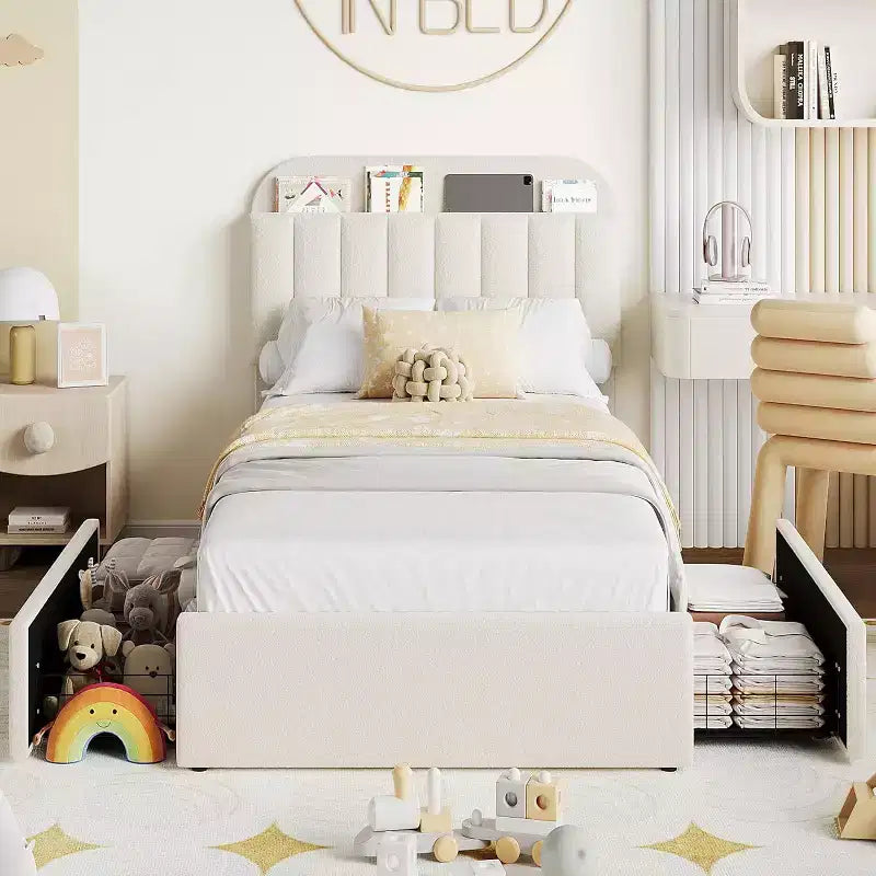 Cadre de lit double avec tête de lit de rangement, cadre de lit pour enfants avec 2 tiroirs, assemblage facile, pas besoin de sommier tapissier
