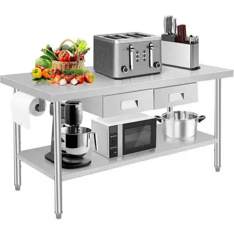60 X 24 Stainless Steel Workbench, with 2 Drawers, Paper Towel Holder, Metal Dining Prep Table, Kitchen Drawer Organizer