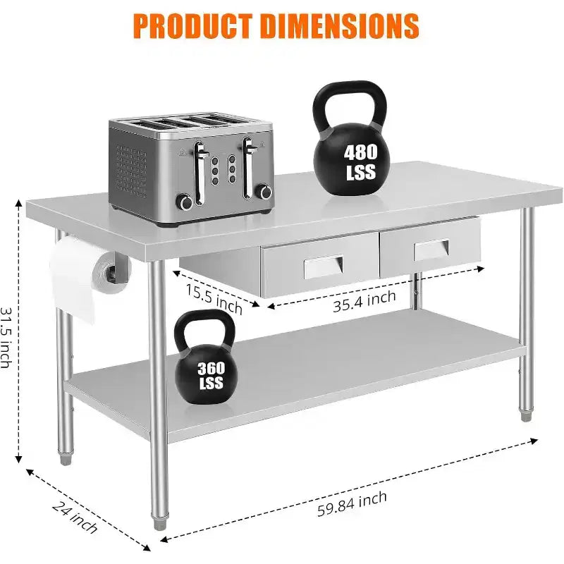 Établi en acier inoxydable 60 X 24, avec 2 tiroirs, porte-serviettes en papier, table de préparation de repas en métal, organisateur de tiroir de cuisine