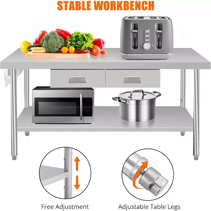Établi en acier inoxydable 60 X 24, avec 2 tiroirs, porte-serviettes en papier, table de préparation de repas en métal, organisateur de tiroir de cuisine