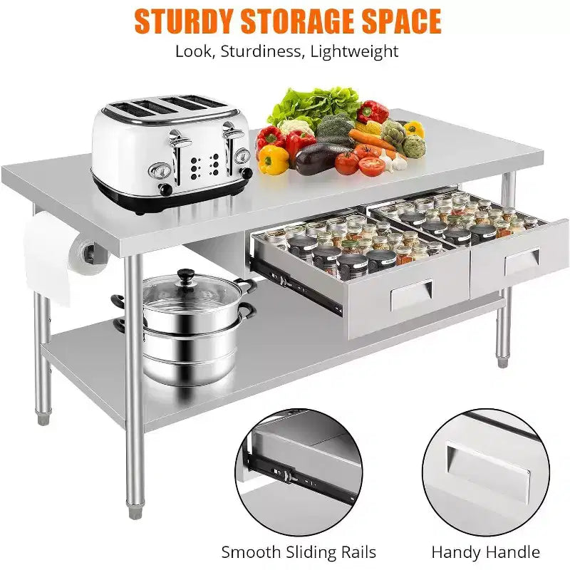Établi en acier inoxydable 60 X 24, avec 2 tiroirs, porte-serviettes en papier, table de préparation de repas en métal, organisateur de tiroir de cuisine