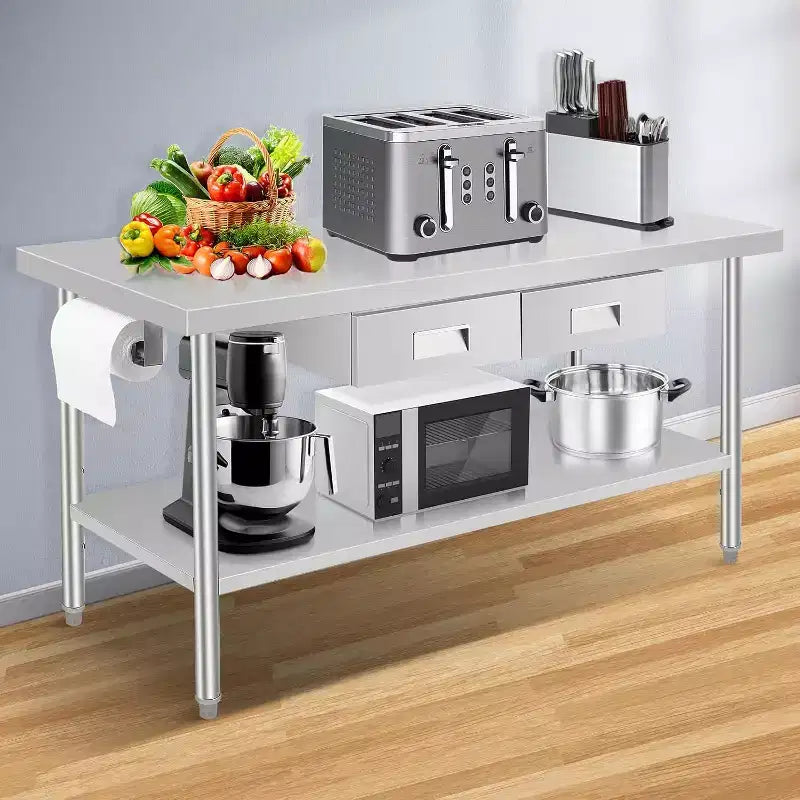 Banco da Lavoro in Acciaio Inox 60 X 24, con 2 Cassetti, Portarotolo di Carta, Tavolo da Pranzo in Metallo, Organizzatore di Cassetti da Cucina
