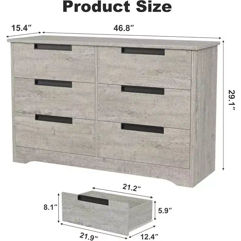 Comodino doppio a 6 cassetti per camera da letto, cassettiera moderna grigia con maniglie incassate, organizer in legno per soggiorno, cameretta, corridoio o ingresso
