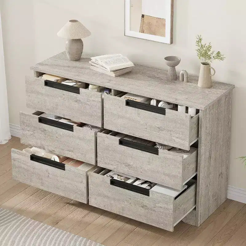 Comodino doppio a 6 cassetti per camera da letto, cassettiera moderna grigia con maniglie incassate, organizer in legno per soggiorno, cameretta, corridoio o ingresso