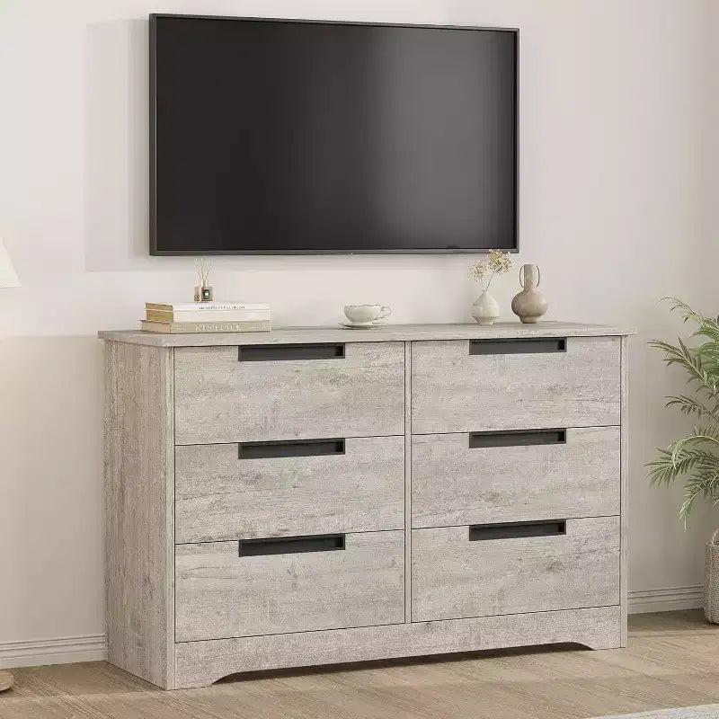 Comodino doppio a 6 cassetti per camera da letto, cassettiera moderna grigia con maniglie incassate, organizer in legno per soggiorno, cameretta, corridoio o ingresso
