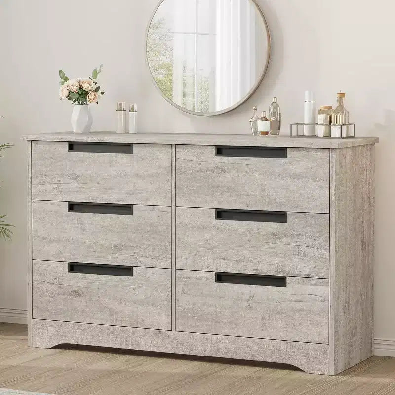 Comodino doppio a 6 cassetti per camera da letto, cassettiera moderna grigia con maniglie incassate, organizer in legno per soggiorno, cameretta, corridoio o ingresso