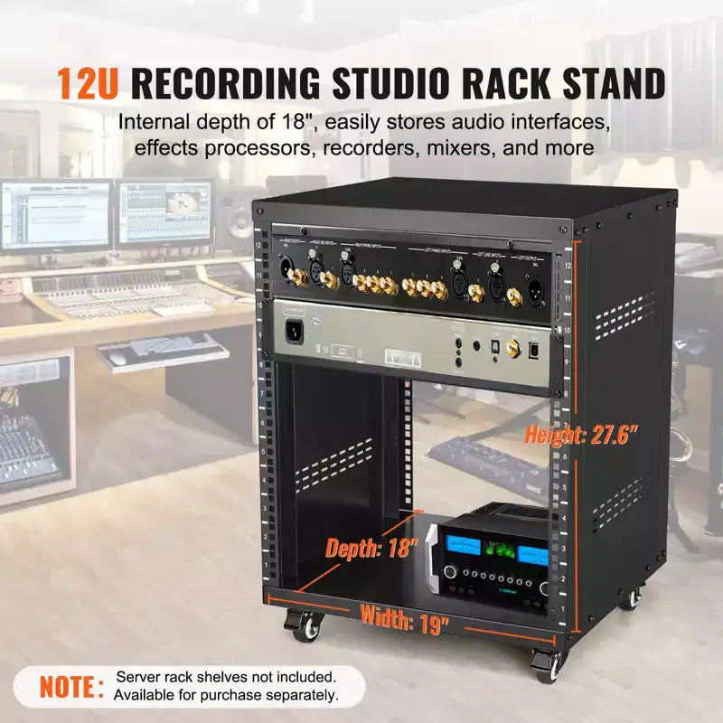 VEVOR 12U Rack AV, capacità 227 kg, Rack per studio di registrazione stereo di rete con ruote piroettanti bloccabili Fori rotondi e quadrati, Prese d'aria speciali