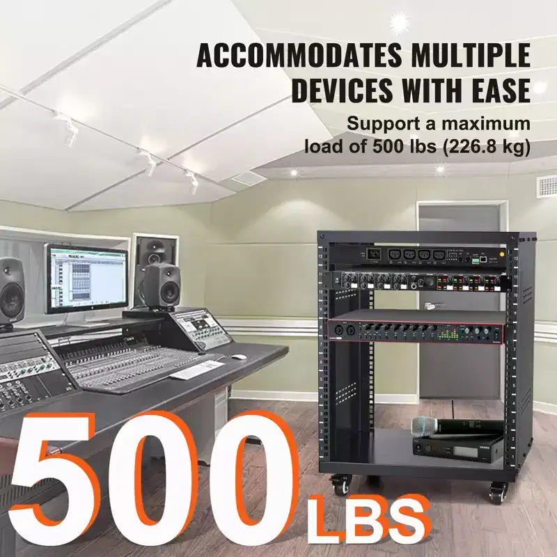 VEVOR 12U Rack AV, capacità 227 kg, Rack per studio di registrazione stereo di rete con ruote piroettanti bloccabili Fori rotondi e quadrati, Prese d'aria speciali
