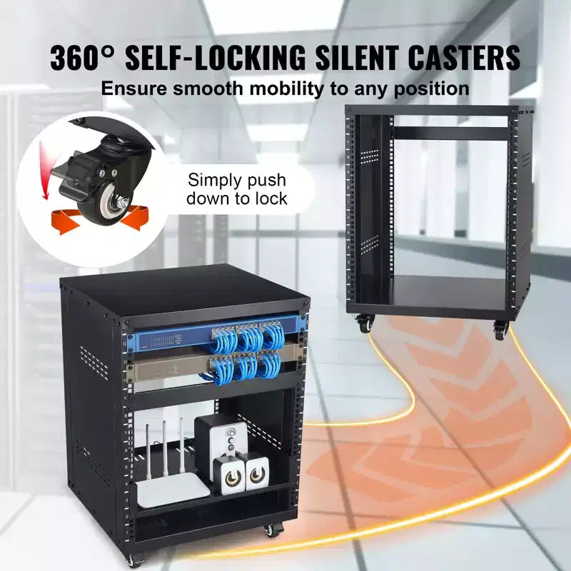 VEVOR 12U Rack AV, capacità 227 kg, Rack per studio di registrazione stereo di rete con ruote piroettanti bloccabili Fori rotondi e quadrati, Prese d'aria speciali