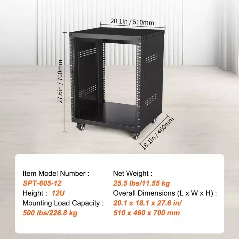 VEVOR 12U Rack AV, capacità 227 kg, Rack per studio di registrazione stereo di rete con ruote piroettanti bloccabili Fori rotondi e quadrati, Prese d'aria speciali