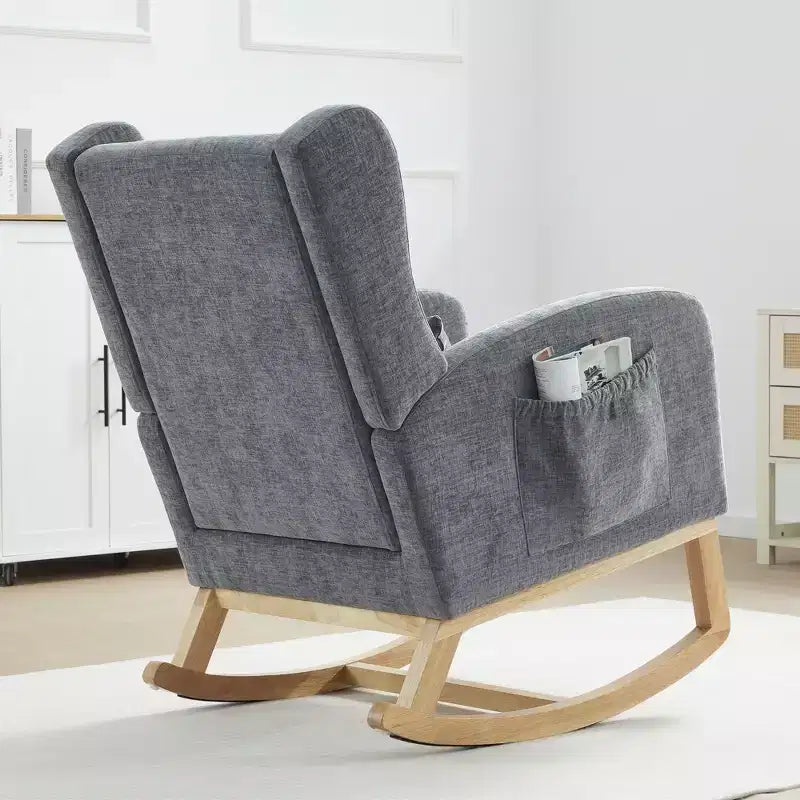Poltrona a dondolo Hyleory Chenille con poggiapiedi estraibile, gambe in legno massello, lungo cuscinetto antiscivolo, supporto lombare e tasca laterale
