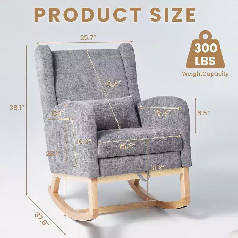 Poltrona a dondolo Hyleory Chenille con poggiapiedi estraibile, gambe in legno massello, lungo cuscinetto antiscivolo, supporto lombare e tasca laterale
