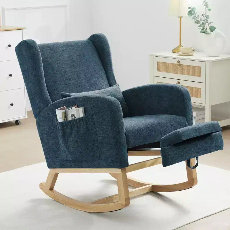 Poltrona a dondolo Hyleory Chenille con poggiapiedi estraibile, gambe in legno massello, lungo cuscinetto antiscivolo, supporto lombare e tasca laterale