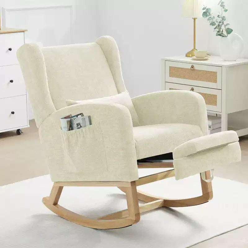 Hyleory Rocking Chair en Chenille avec Repose-pieds Rétractable, Pieds en Bois Massif, Long Patin Antidérapant, Soutien Lombaire et Poche Latérale