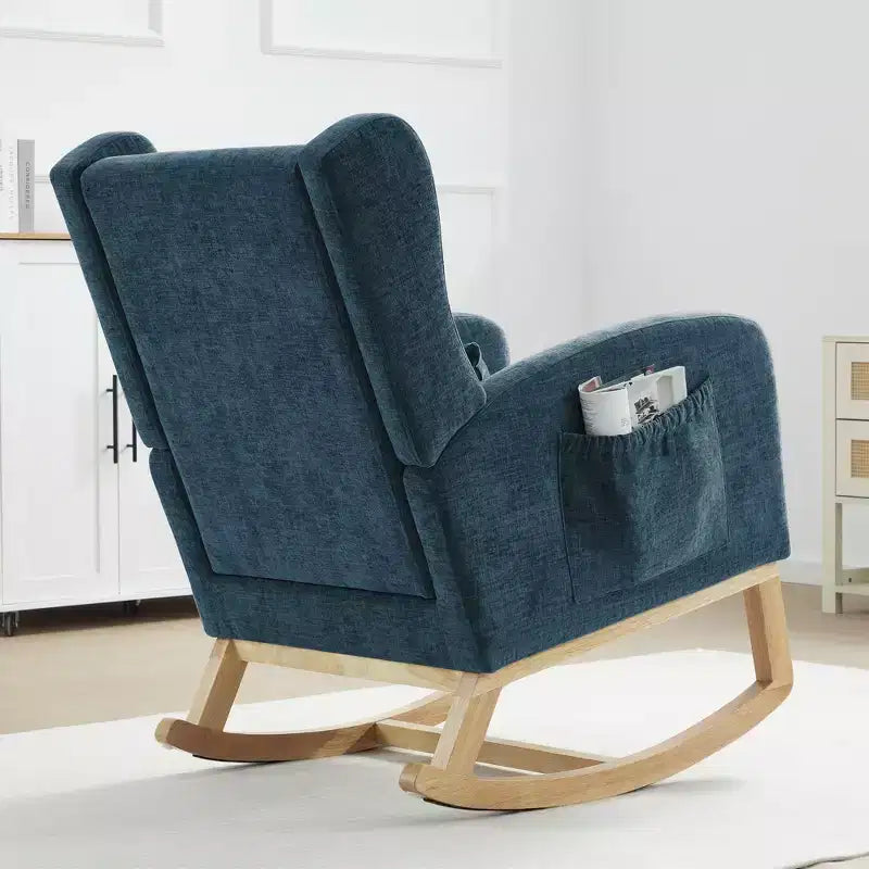 Poltrona a dondolo Hyleory Chenille con poggiapiedi estraibile, gambe in legno massello, lungo cuscinetto antiscivolo, supporto lombare e tasca laterale