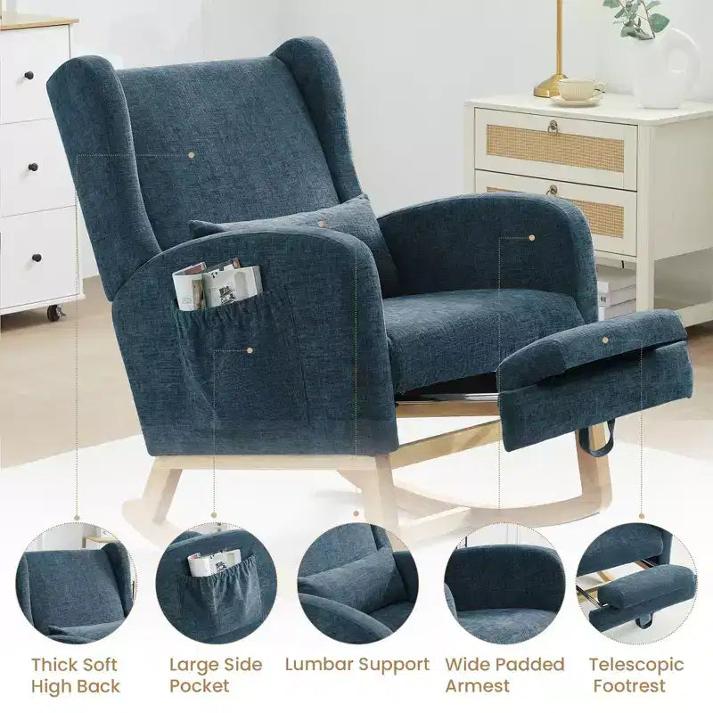 Poltrona a dondolo Hyleory Chenille con poggiapiedi estraibile, gambe in legno massello, lungo cuscinetto antiscivolo, supporto lombare e tasca laterale
