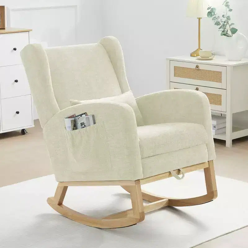 Hyleory Rocking Chair en Chenille avec Repose-pieds Rétractable, Pieds en Bois Massif, Long Patin Antidérapant, Soutien Lombaire et Poche Latérale