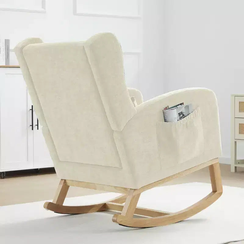 Hyleory Rocking Chair en Chenille avec Repose-pieds Rétractable, Pieds en Bois Massif, Long Patin Antidérapant, Soutien Lombaire et Poche Latérale