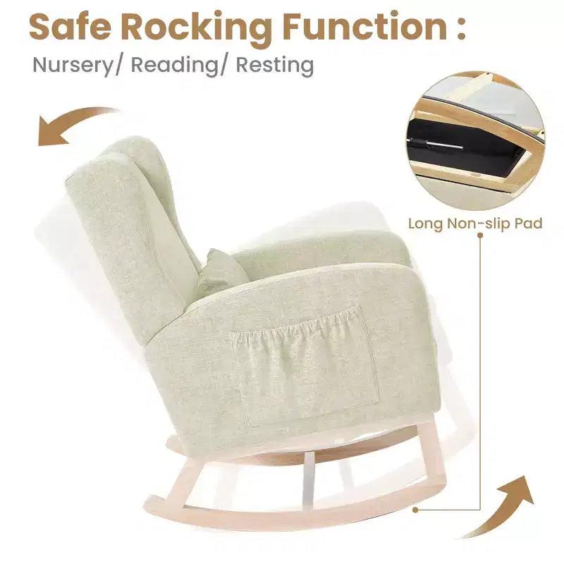 Poltrona a dondolo Hyleory Chenille con poggiapiedi estraibile, gambe in legno massello, lungo cuscinetto antiscivolo, supporto lombare e tasca laterale