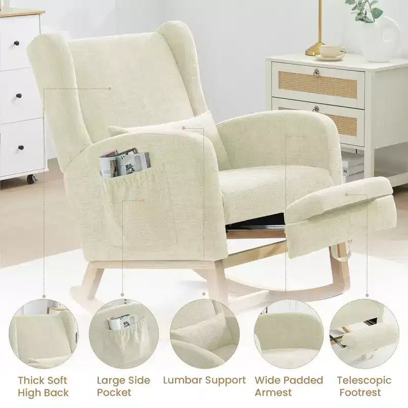 Poltrona a dondolo Hyleory Chenille con poggiapiedi estraibile, gambe in legno massello, lungo cuscinetto antiscivolo, supporto lombare e tasca laterale