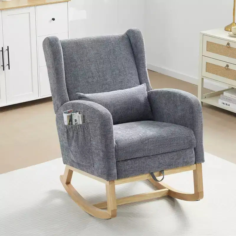Hyleory Rocking Chair en Chenille avec Repose-pieds Rétractable, Pieds en Bois Massif, Long Patin Antidérapant, Soutien Lombaire et Poche Latérale