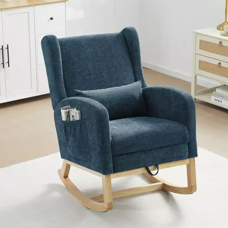 Hyleory Rocking Chair en Chenille avec Repose-pieds Rétractable, Pieds en Bois Massif, Long Patin Antidérapant, Soutien Lombaire et Poche Latérale