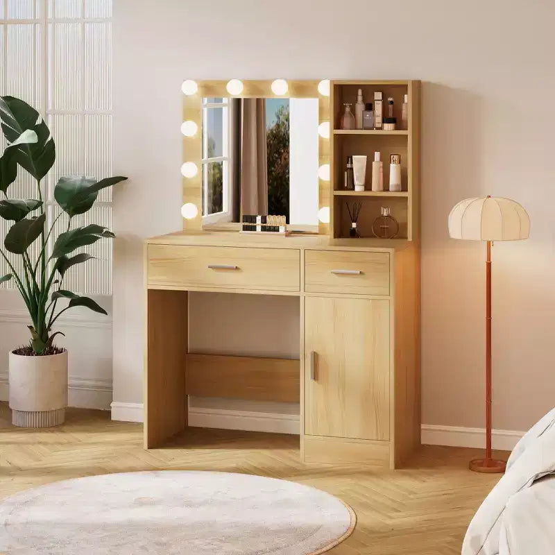 HYLEORY Coiffeuse avec miroir, prise de courant et 10 lumières, Table de maquillage avec 3 tiroirs, 3 modes de couleur disponibles pour la chambre à coucher-HYLEORY