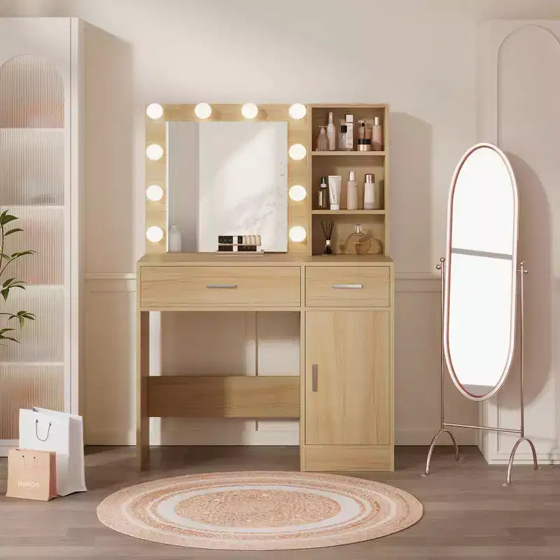 HYLEORY Coiffeuse avec miroir, prise de courant et 10 lumières, Table de maquillage avec 3 tiroirs, 3 modes de couleur disponibles pour la chambre à coucher-HYLEORY