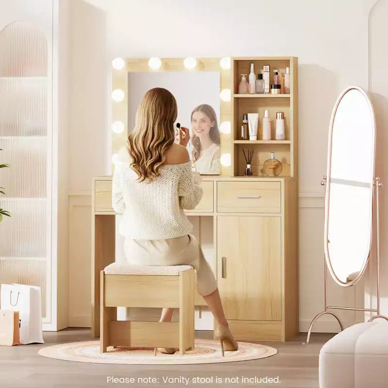HYLEORY Coiffeuse avec miroir, prise de courant et 10 lumières, Table de maquillage avec 3 tiroirs, 3 modes de couleur disponibles pour la chambre à coucher-HYLEORY