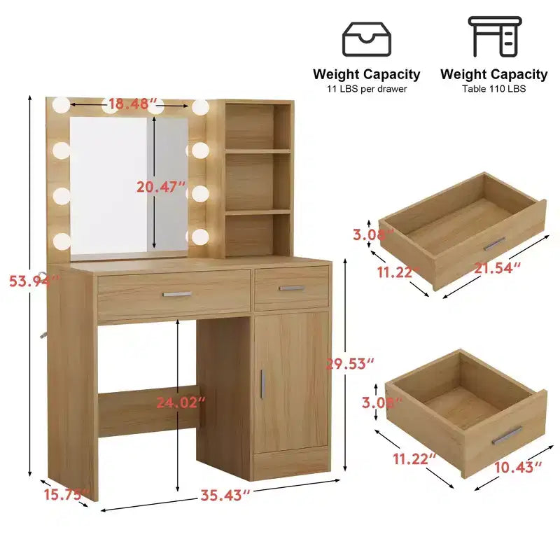 HYLEORY Coiffeuse avec miroir, prise de courant et 10 lumières, Table de maquillage avec 3 tiroirs, 3 modes de couleur disponibles pour la chambre à coucher-HYLEORY