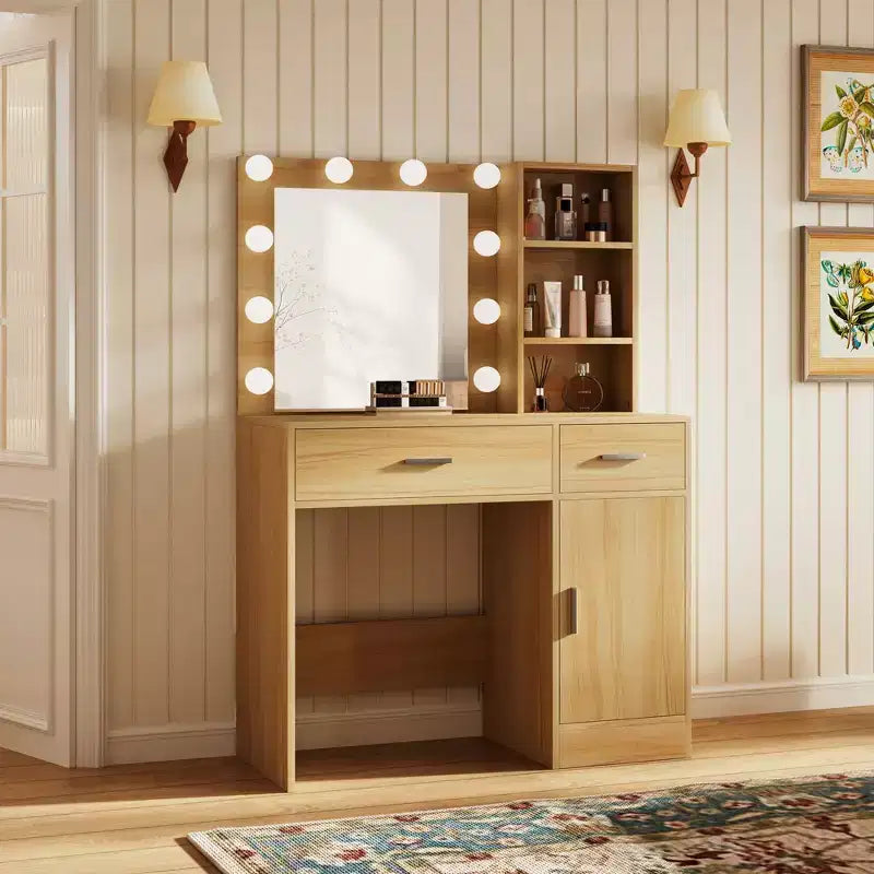 HYLEORY Coiffeuse avec miroir, prise de courant et 10 lumières, Table de maquillage avec 3 tiroirs, 3 modes de couleur disponibles pour la chambre à coucher-HYLEORY