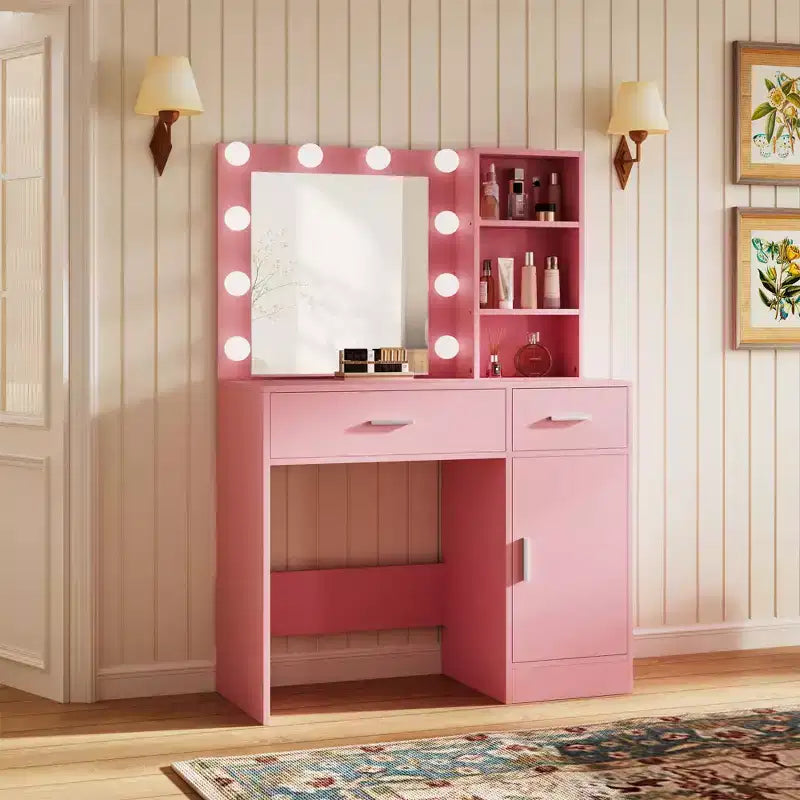 HYLEORY Coiffeuse avec miroir, prise de courant et 10 lumières, Table de maquillage avec 3 tiroirs, 3 modes de couleur disponibles pour la chambre à coucher-HYLEORY