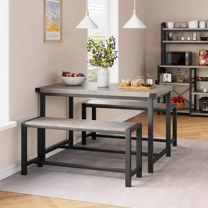 Set tavolo da pranzo per 4 persone, tavolo da cucina con panche, set tavolo da pranzo rettangolare con 2 panche imbottite, set tavolo da pranzo da 3 pezzi