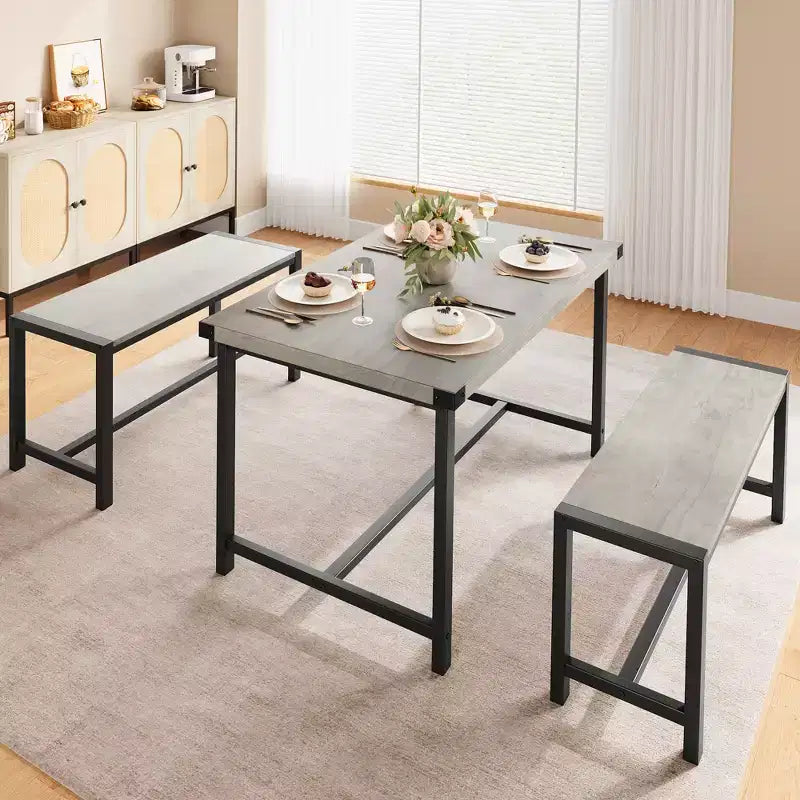 Set tavolo da pranzo per 4 persone, tavolo da cucina con panche, set tavolo da pranzo rettangolare con 2 panche imbottite, set tavolo da pranzo da 3 pezzi