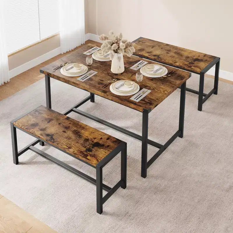 Set tavolo da pranzo per 4 persone, tavolo da cucina con panche, set tavolo da pranzo rettangolare con 2 panche imbottite, set tavolo da pranzo da 3 pezzi
