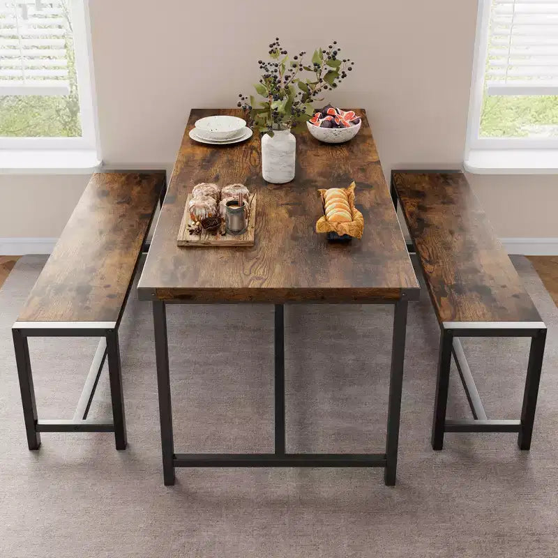 Set tavolo da pranzo per 4 persone, tavolo da cucina con panche, set tavolo da pranzo rettangolare con 2 panche imbottite, set tavolo da pranzo da 3 pezzi