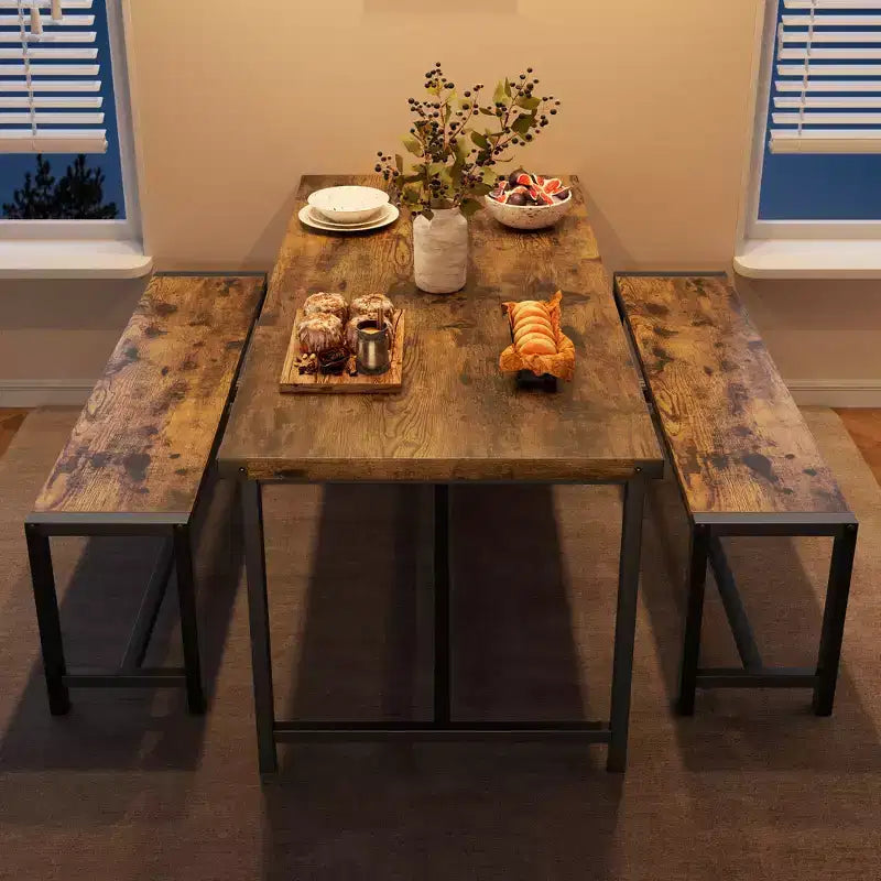 Set tavolo da pranzo per 4 persone, tavolo da cucina con panche, set tavolo da pranzo rettangolare con 2 panche imbottite, set tavolo da pranzo da 3 pezzi
