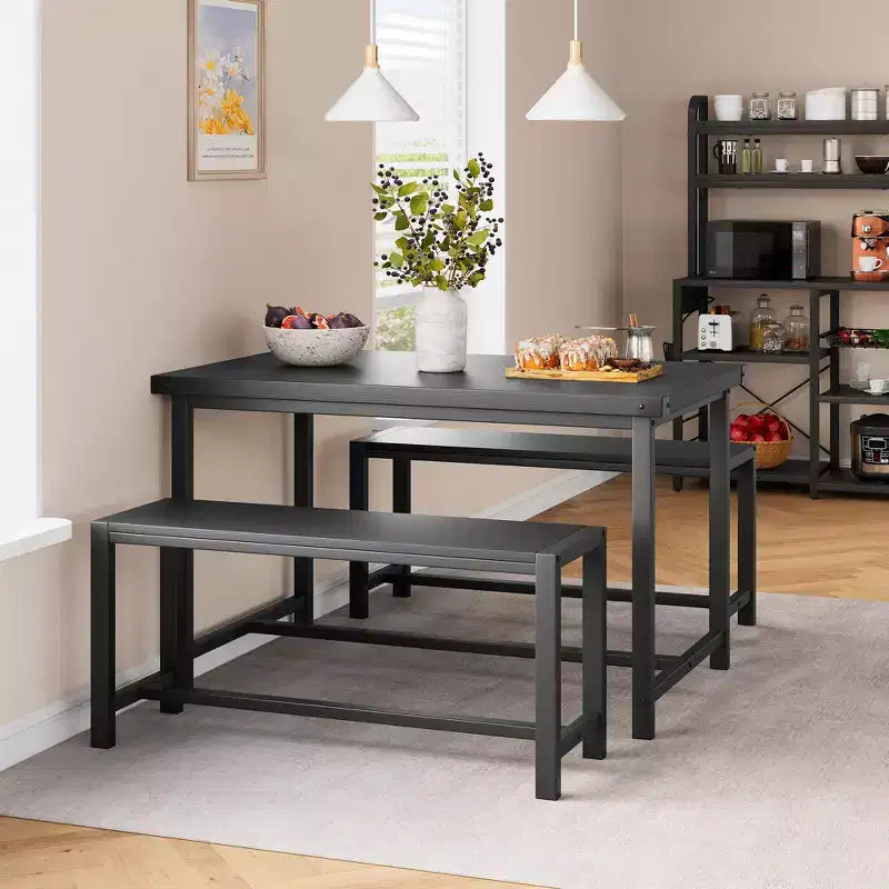 Ensemble table à manger pour 4, table de cuisine avec bancs, ensemble table de salle à manger rectangulaire avec 2 bancs rembourrés, ensemble table à manger 3 pièces
